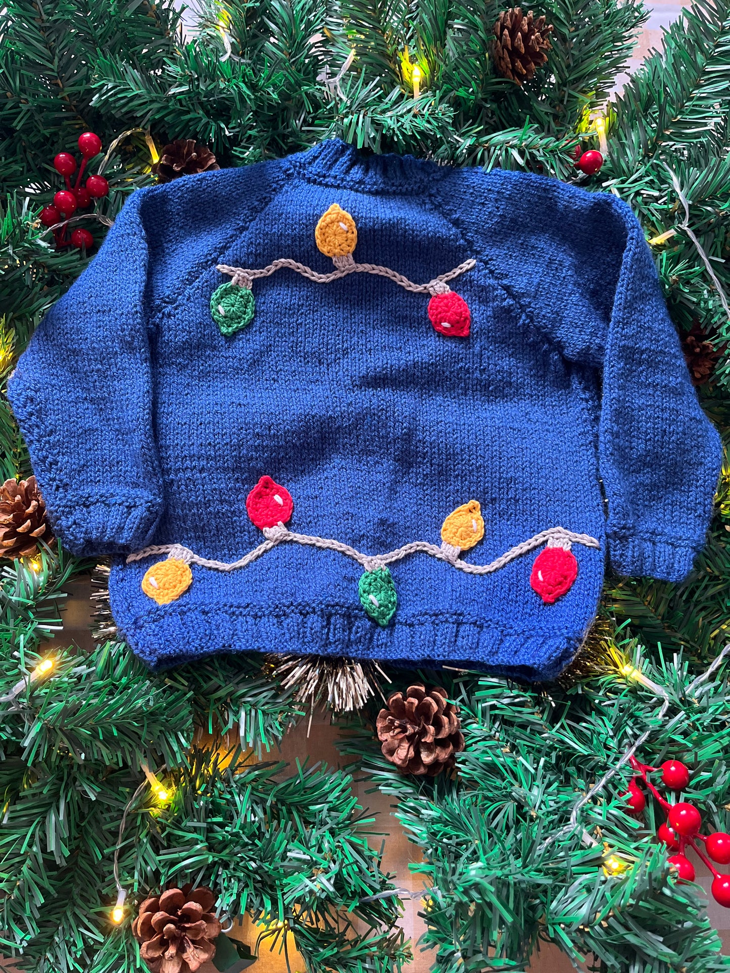 Personalise Me, Size 18-24 Months, Blue Christmas Lights Name Cardi