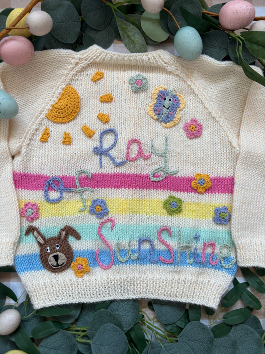 Size 3-5 years, Ray of Sunshine, Cream Cardi with multicolour stripes