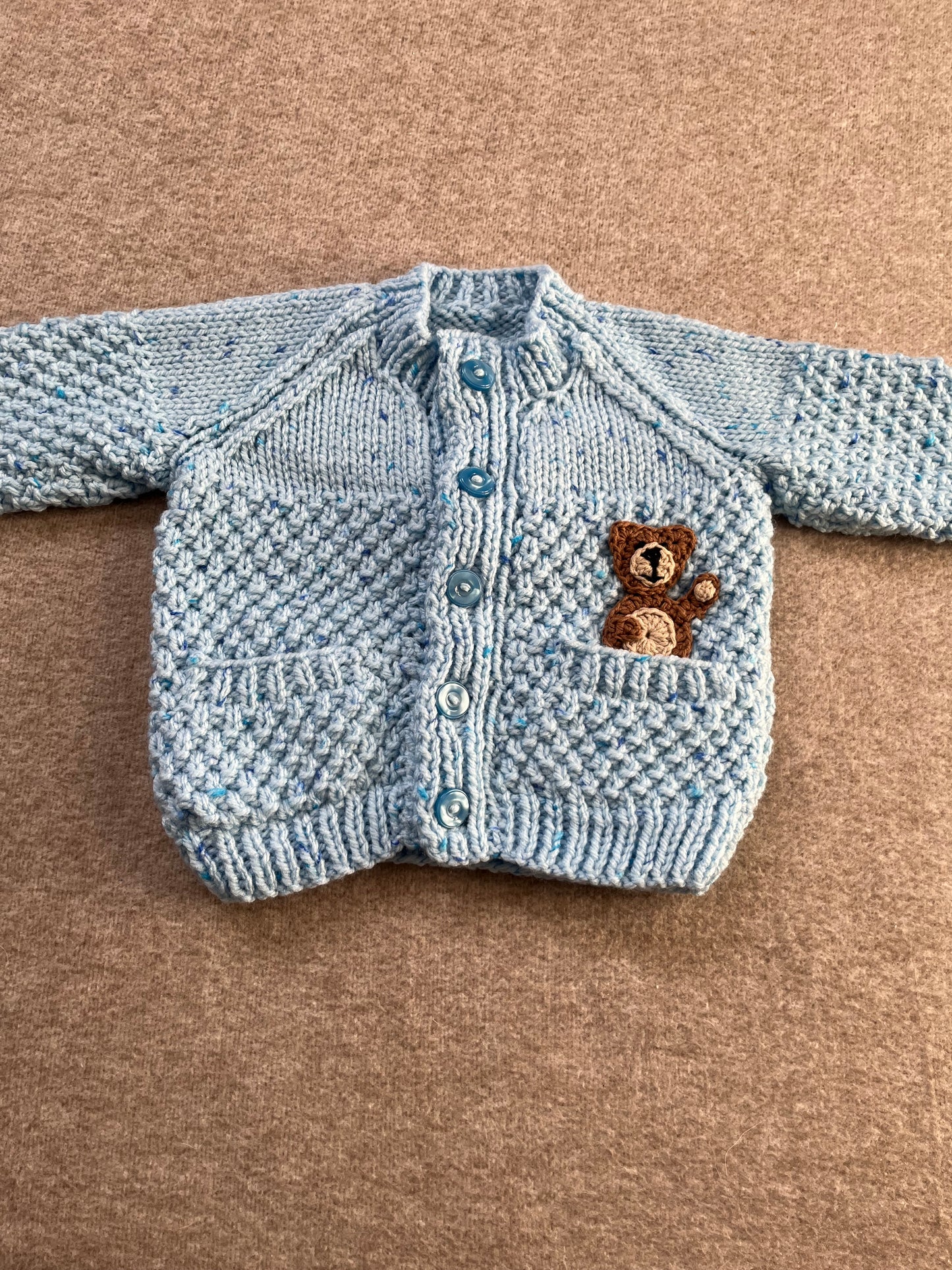 Size 6-12 Months, Blue Baby Bear Hand Knitted Cardigan, Bear In Pocket