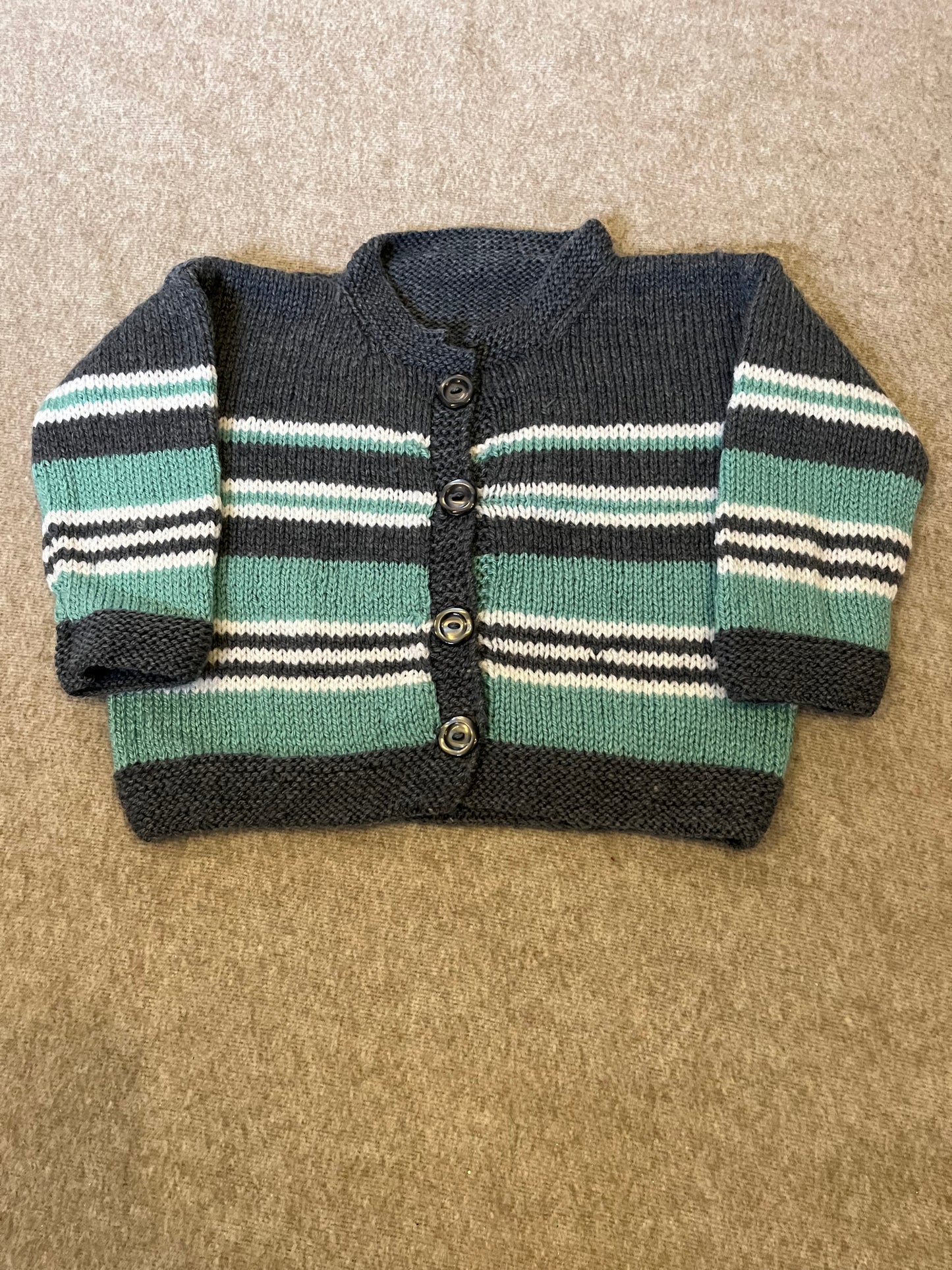 Size 2-3 Years, Explorer, Turquoise Stripe Cardigan, Hand knitted Kids Cardigan, Exploring Bear