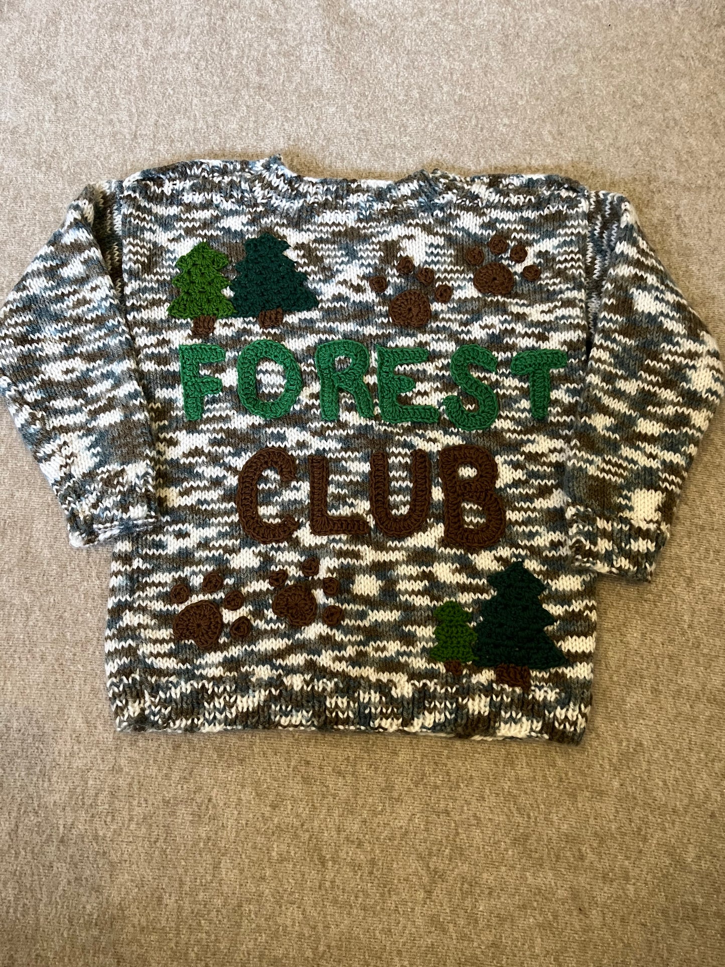 Size 5-7 Years, Forest Club, Hand knitted Jumper, Shoulder Button Close