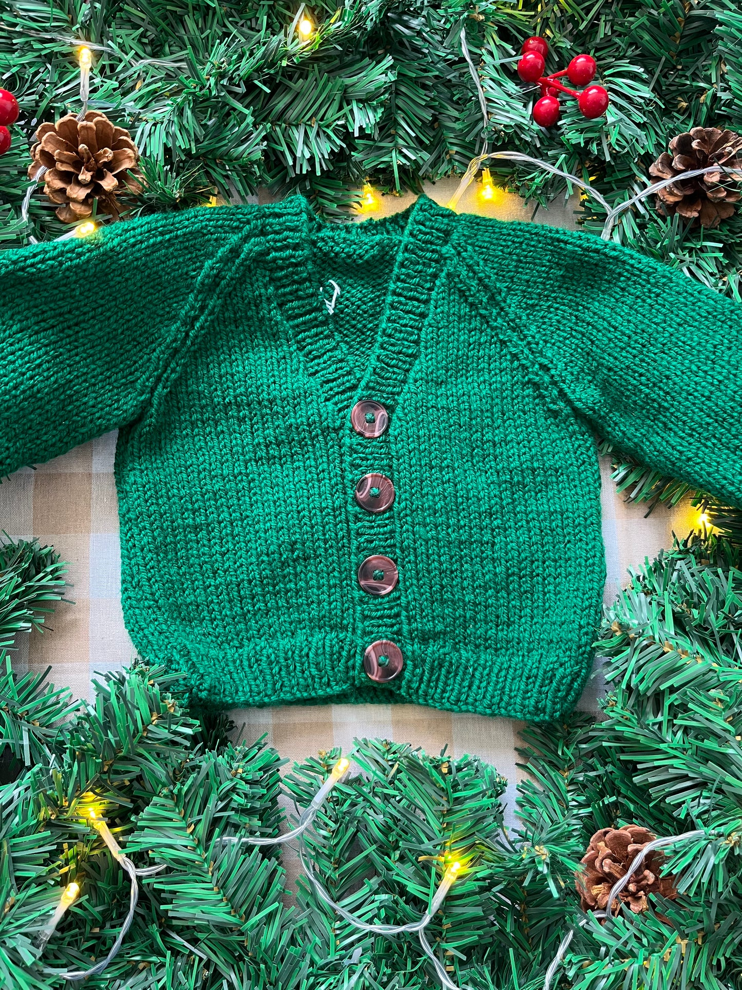 Size 3-6 Months, Green Hand Knitted Cardi, Santa design