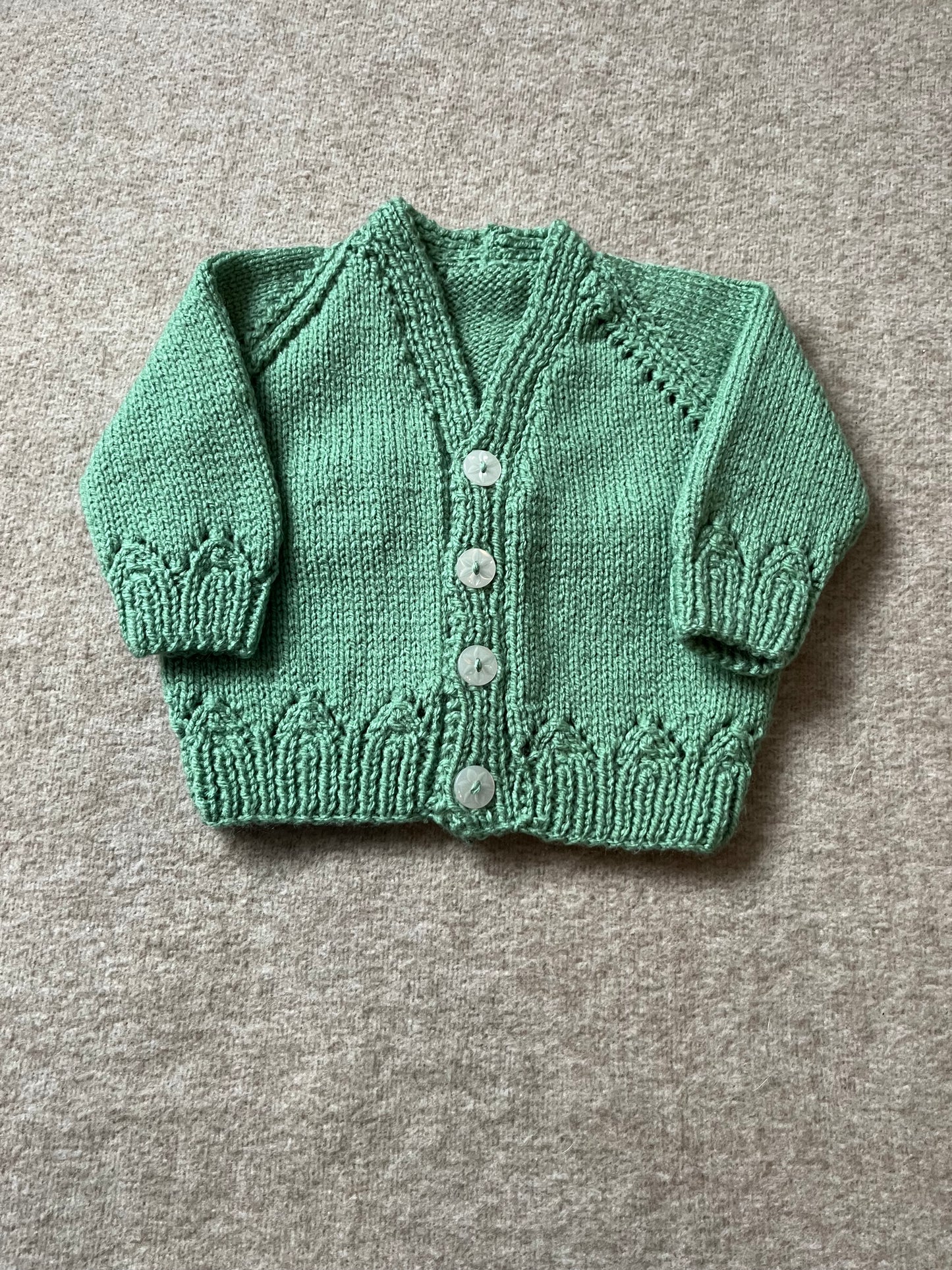 Size 6 Months, Farm Animal Green Cardigan, Hand Knitted Baby Cardigan