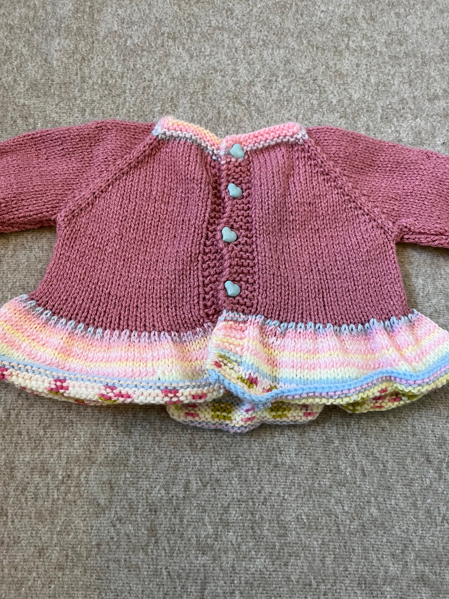 Size 0-3 Months, Hand Knitted Baby Bear with Flowers, Frill Cardigan