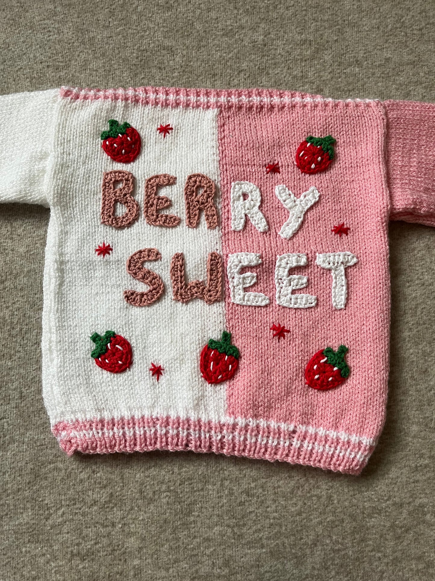 Size 12-18 Months, Berry Sweet, Strawberry Sweater, Hand Knitted Baby Jumper, Two Tone Pink & White