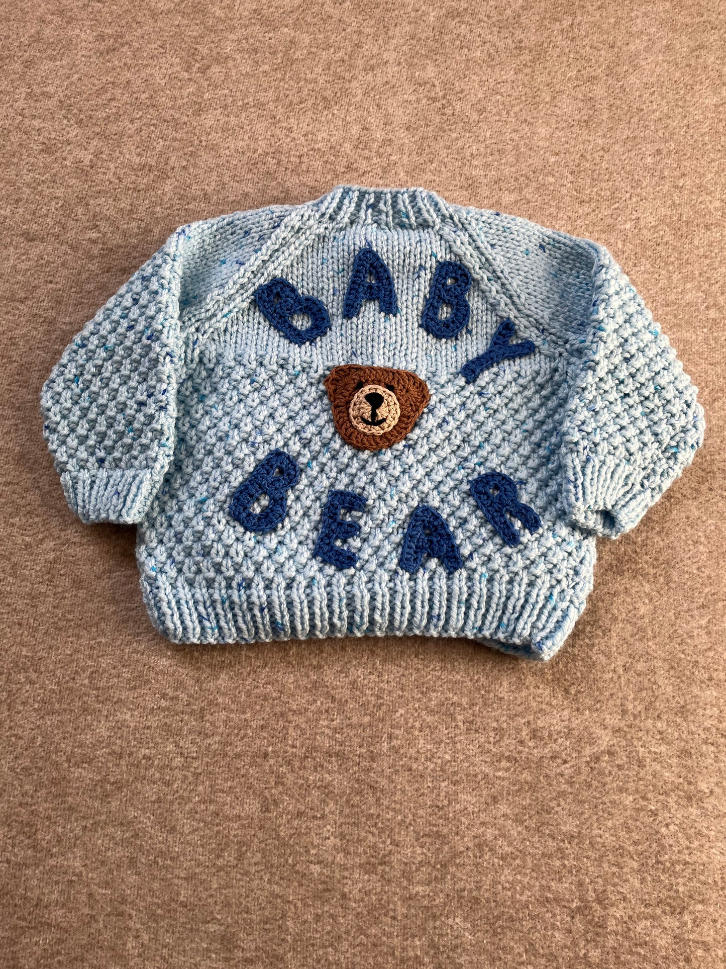 Size 6-12 Months, Blue Baby Bear Hand Knitted Cardigan, Bear In Pocket