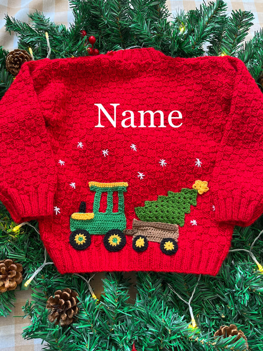 Personalise Me, Size 3-5 Years, Tractor & Christmas Tree Red Name Jumper