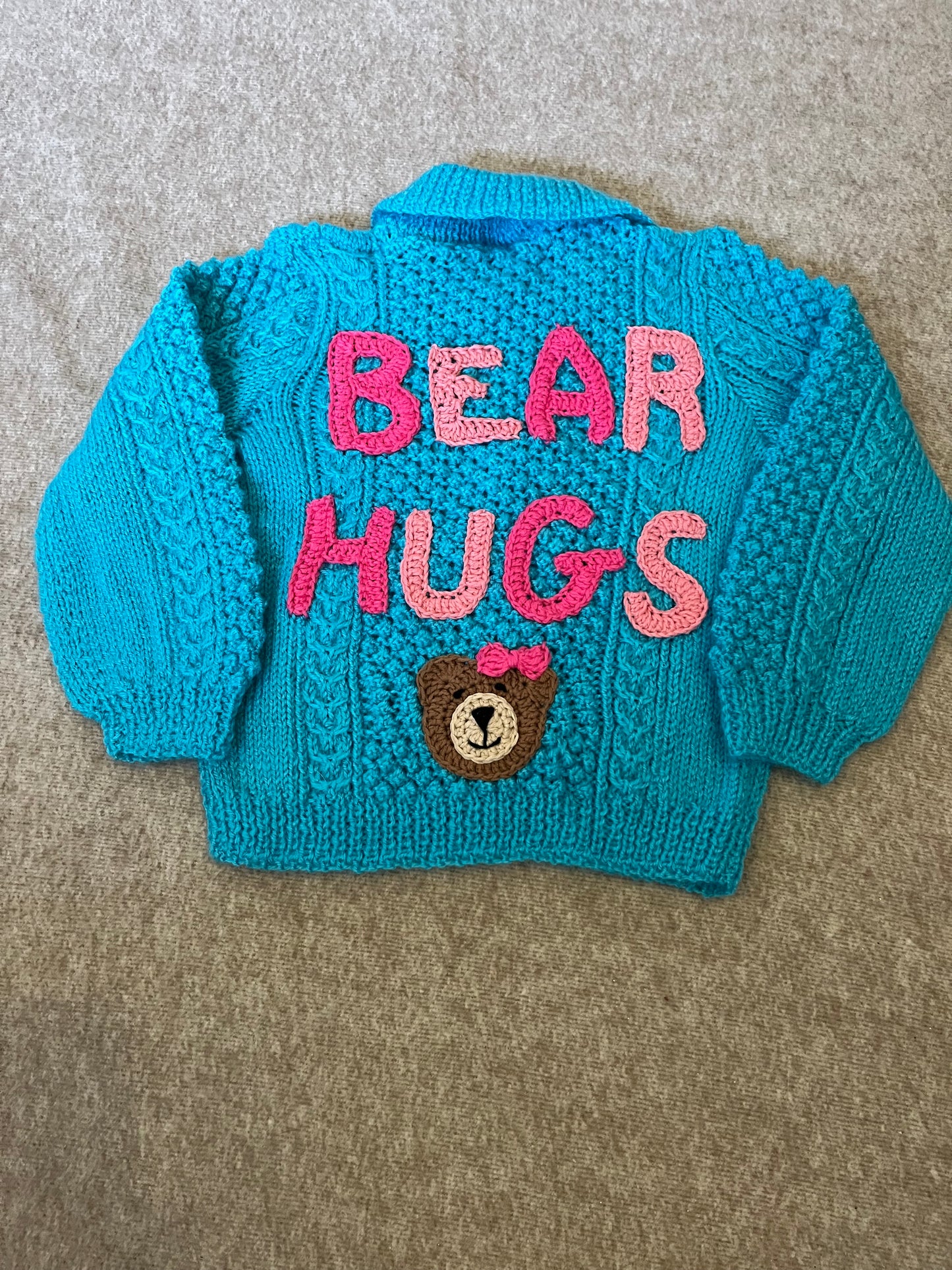 Size 1-2 Years, Bear Hugs, Turquoise Hand Knitted Cardigan