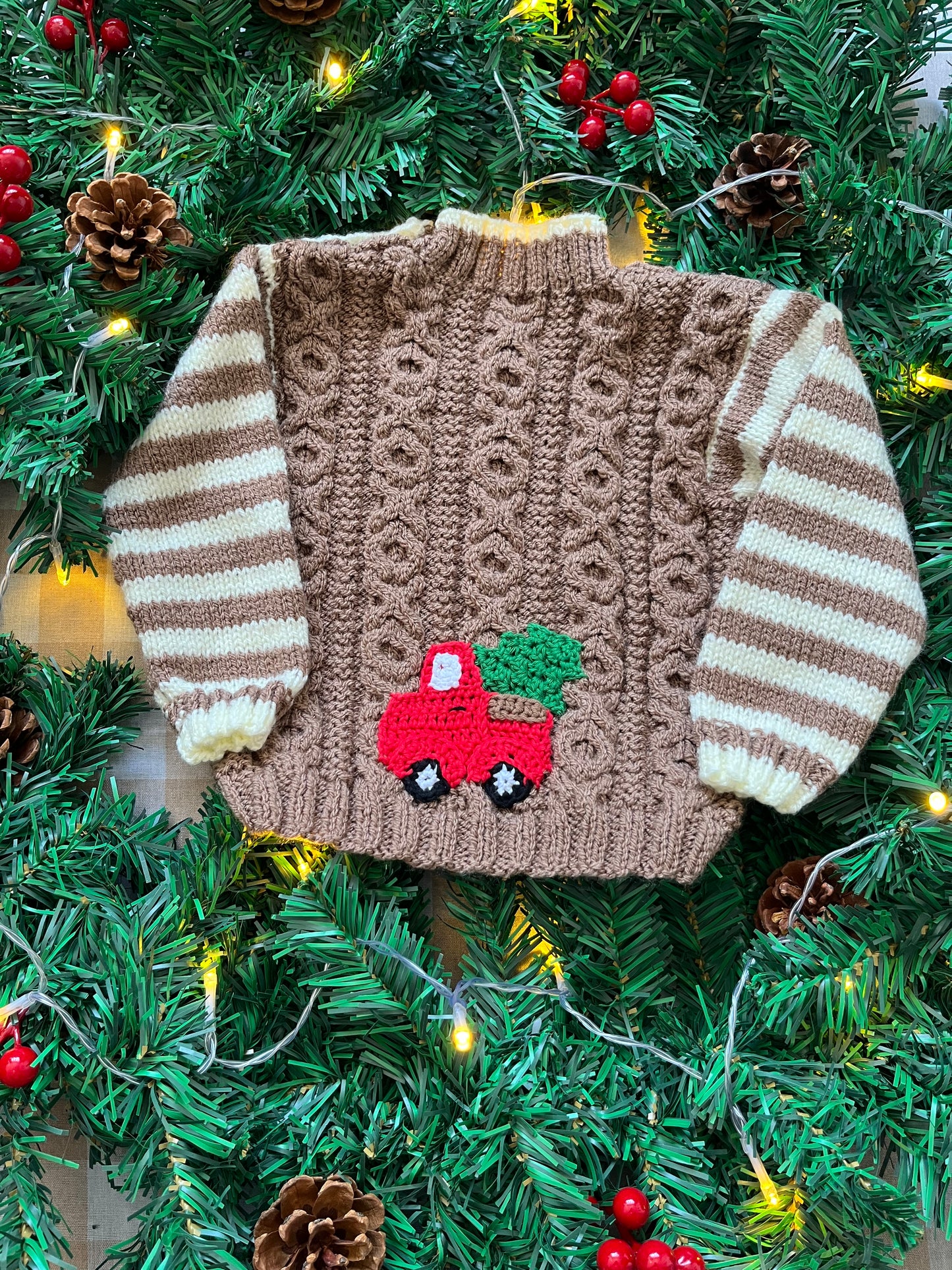 Personalise Me, Size 9-12 Months, Red Christmas Truck, Name Cardi, Striped Sleeves