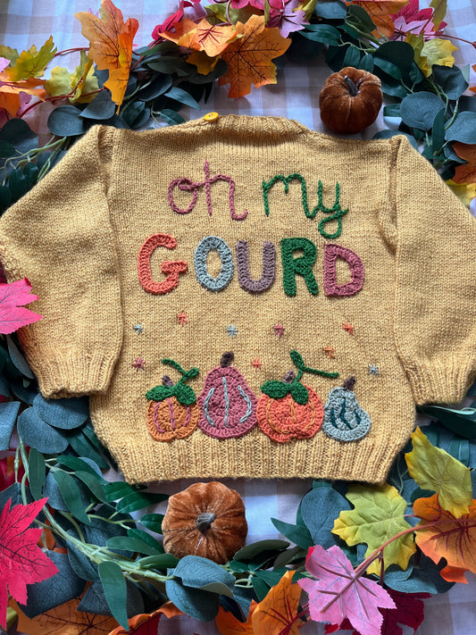 Size 3-5 Years, Oh my Gourd, Mustard Hand Knitted Jumper