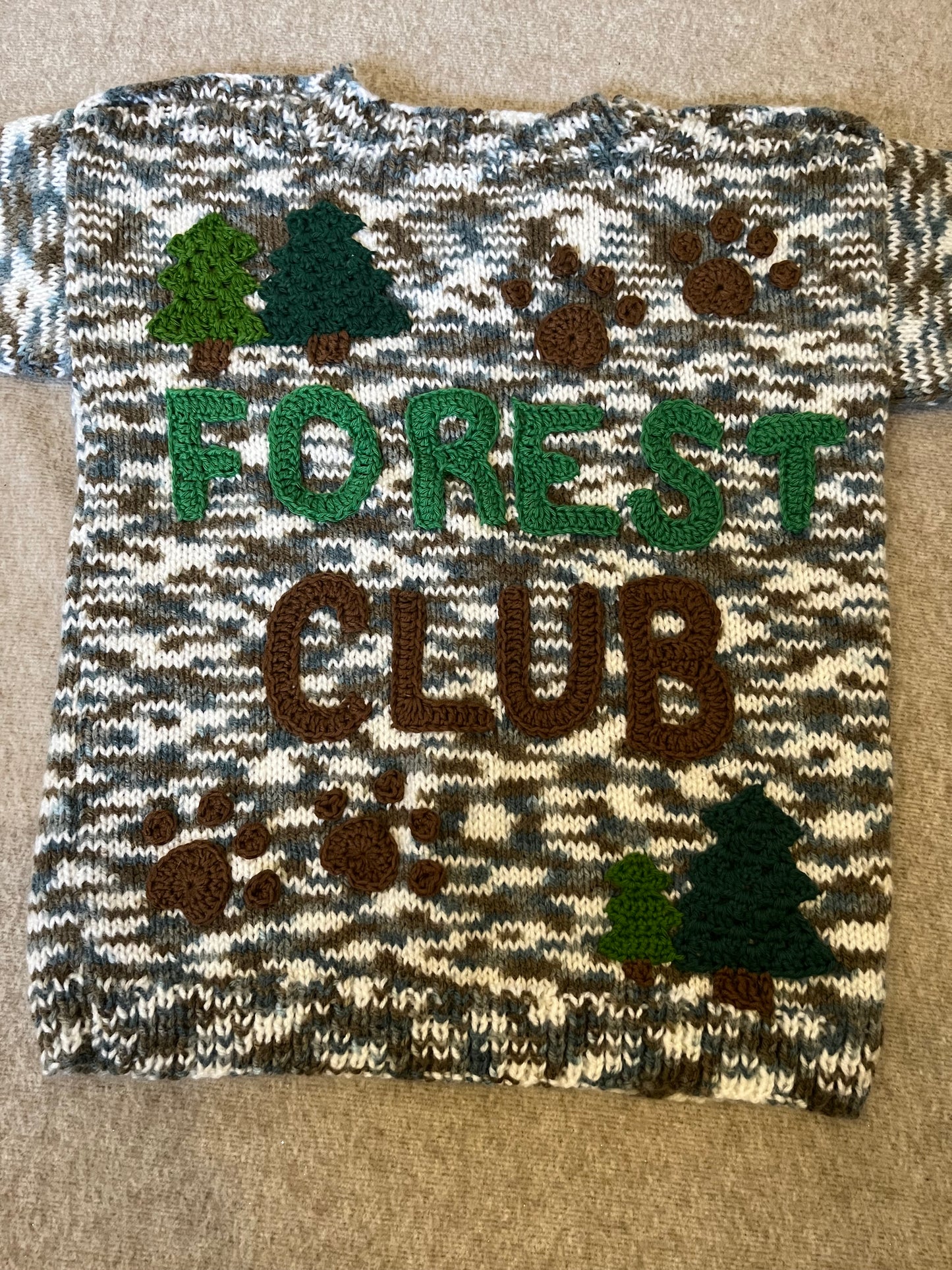 Size 5-7 Years, Forest Club, Hand knitted Jumper, Shoulder Button Close