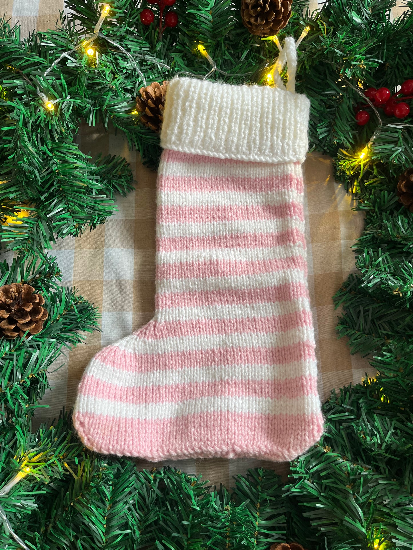 Pink & White stripe stocking, little mouse with Christmas Tree, Add a letter