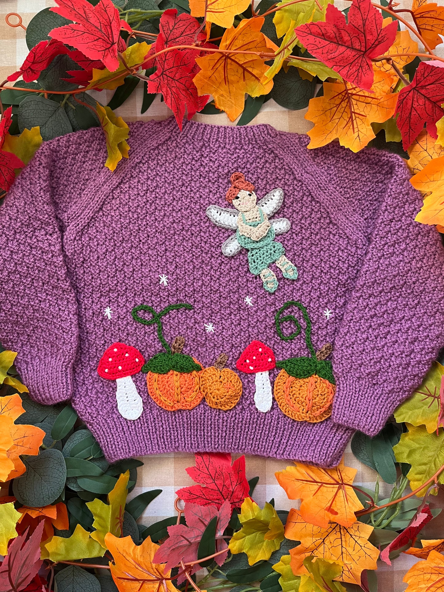Size 2-3 Years, Autumn Fairy, Purple Hand Knitted Cardigan