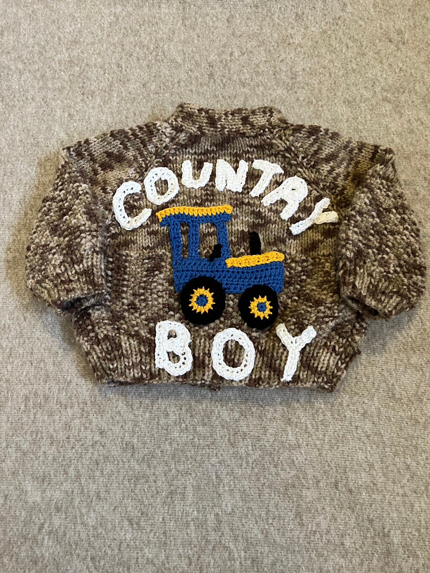 Size 0-6 Months, Country Boy, Hand Knitted Speckled Brown Cardigan with Tractor