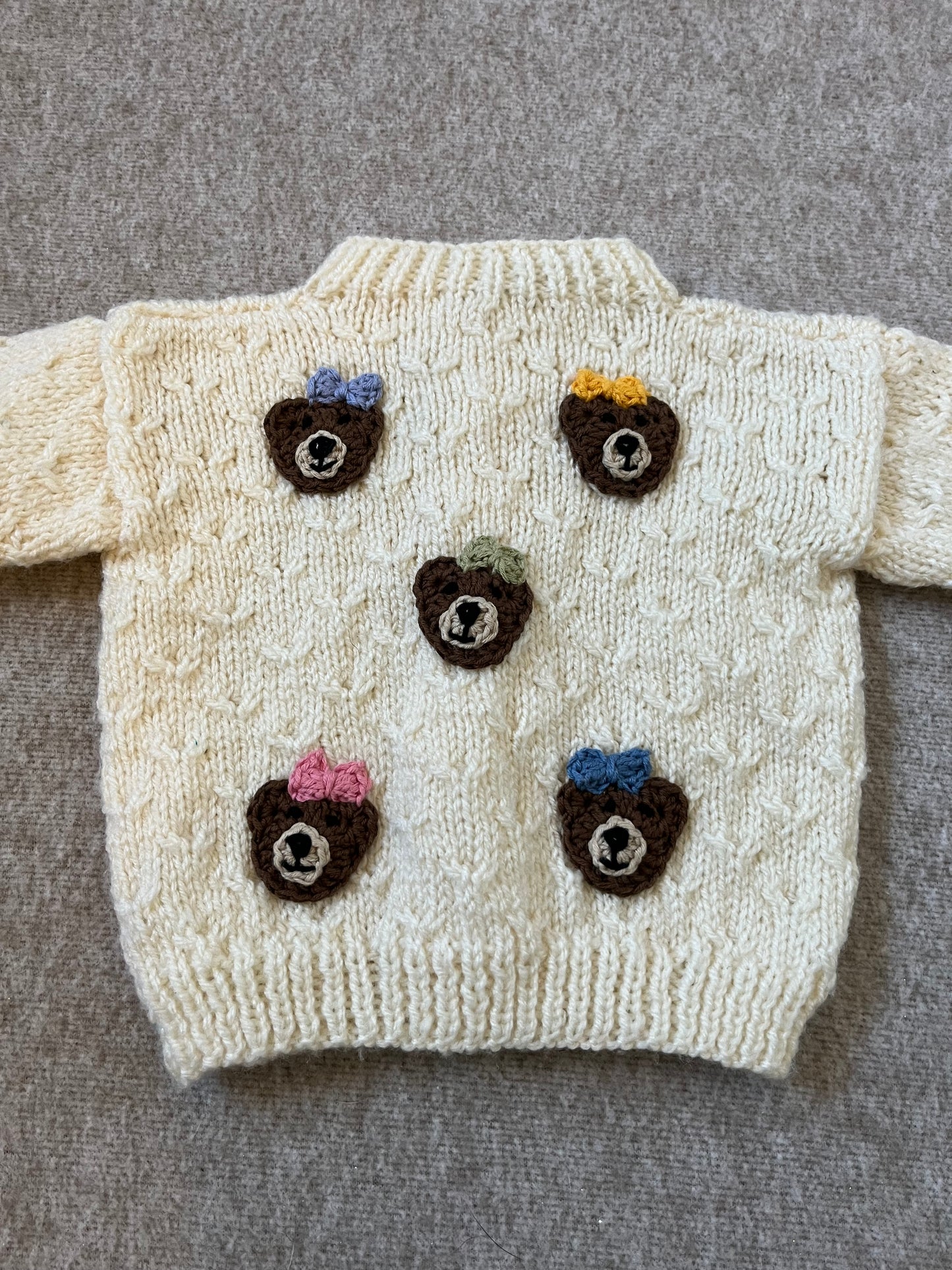 Size 0-3 Months, Hand knitted Cream Cardigan, Bears with Bow, New Baby Present