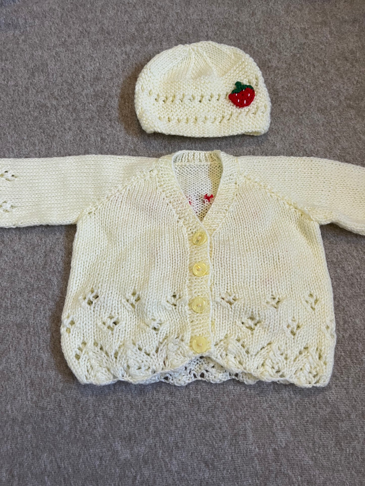 Size 6-9 Months, Berry Cute, Lemon Cardigan & Hat Set, Strawberry Cardigan