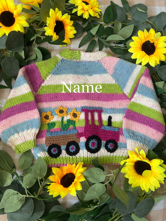 Size 6-12 Months, Sunflower Tractor, Stripe Hand Knitted Cardigan