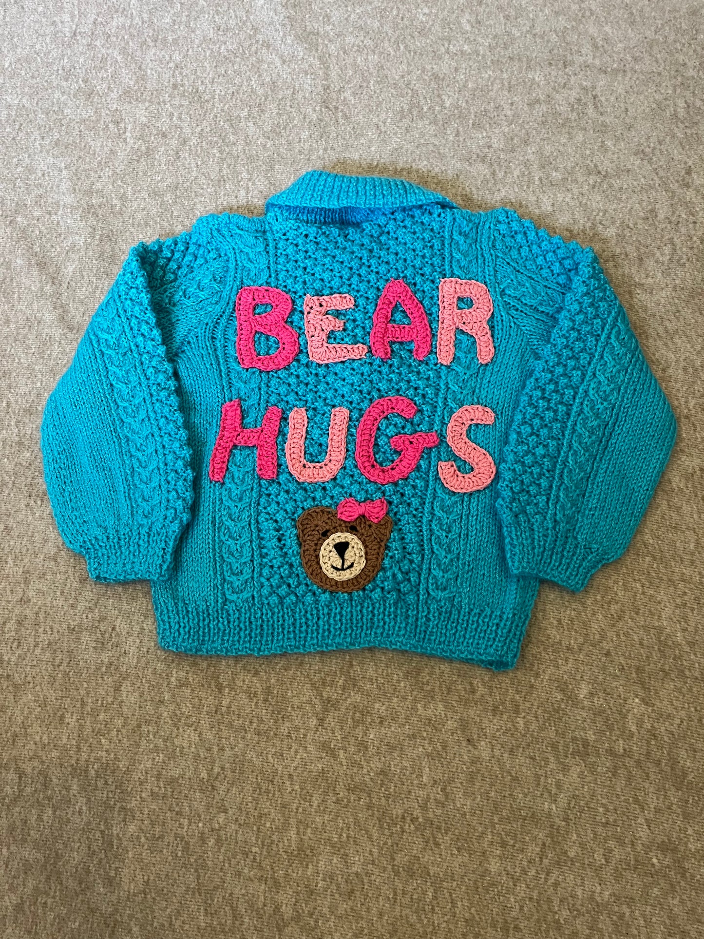 Size 1-2 Years, Bear Hugs, Turquoise Hand Knitted Cardigan