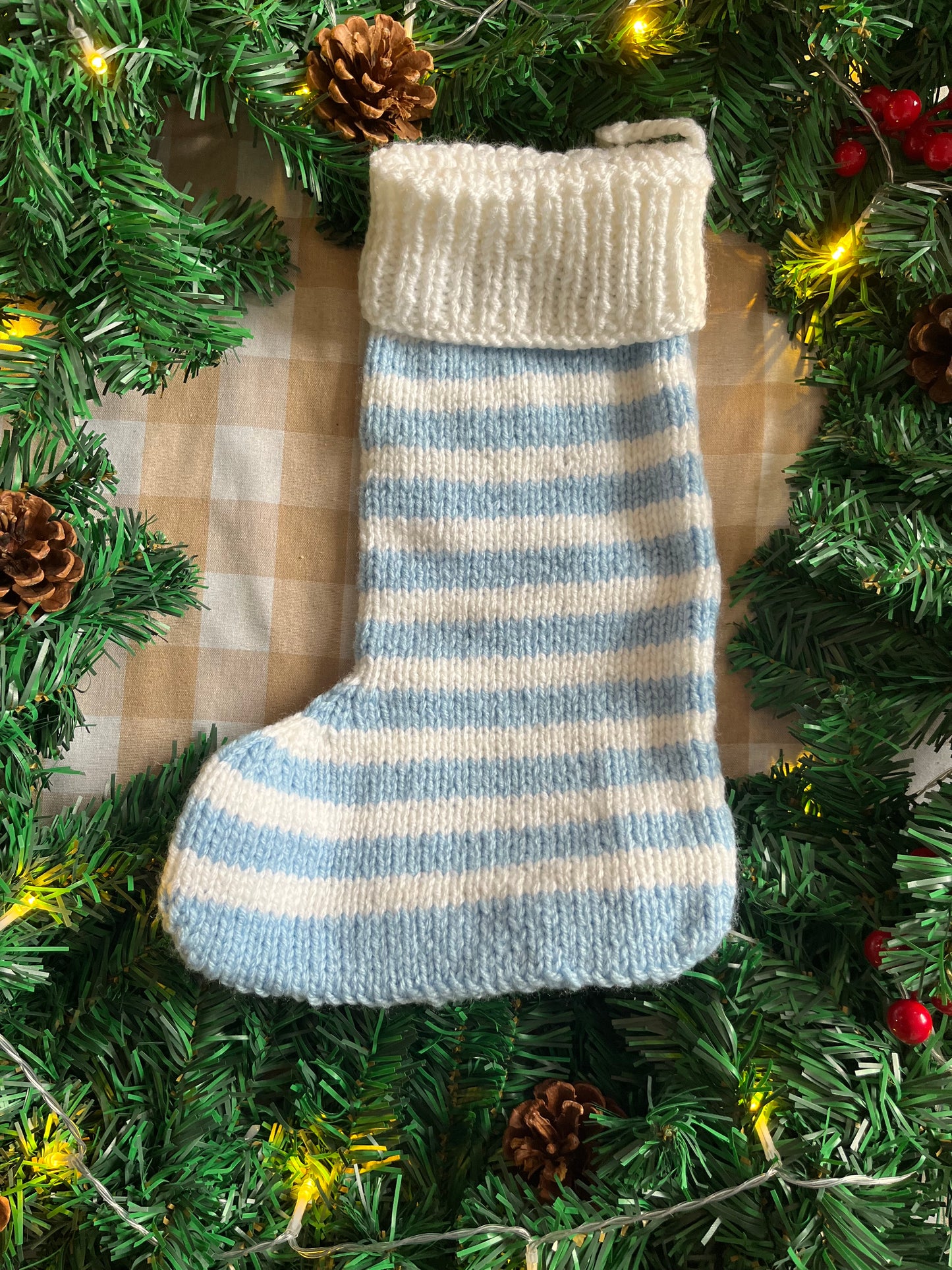 Blue & White stripe Stocking, Little Mouse and Christmas Tree. Add a letter.