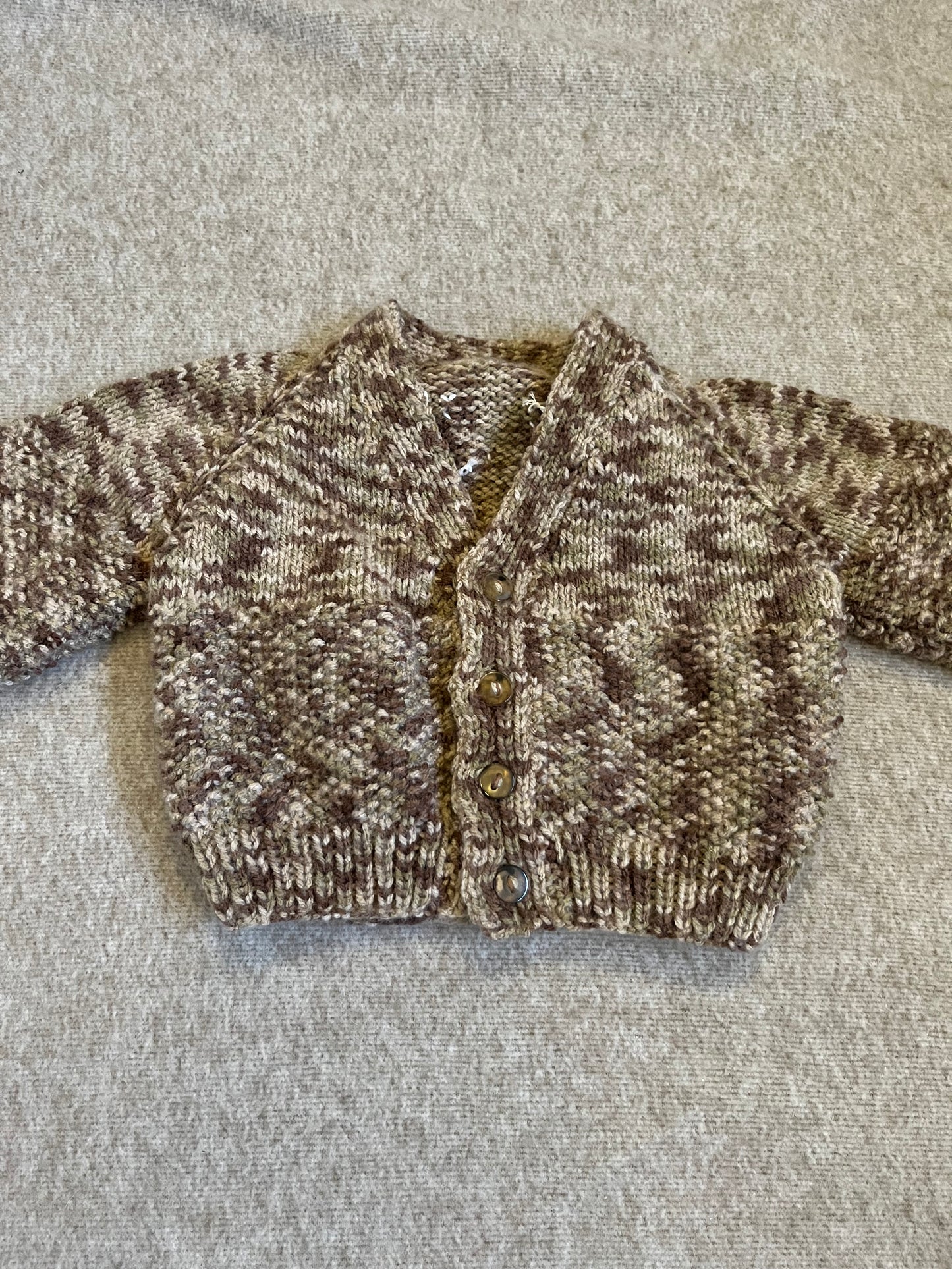 Size 0-6 Months, Country Boy, Hand Knitted Speckled Brown Cardigan with Tractor