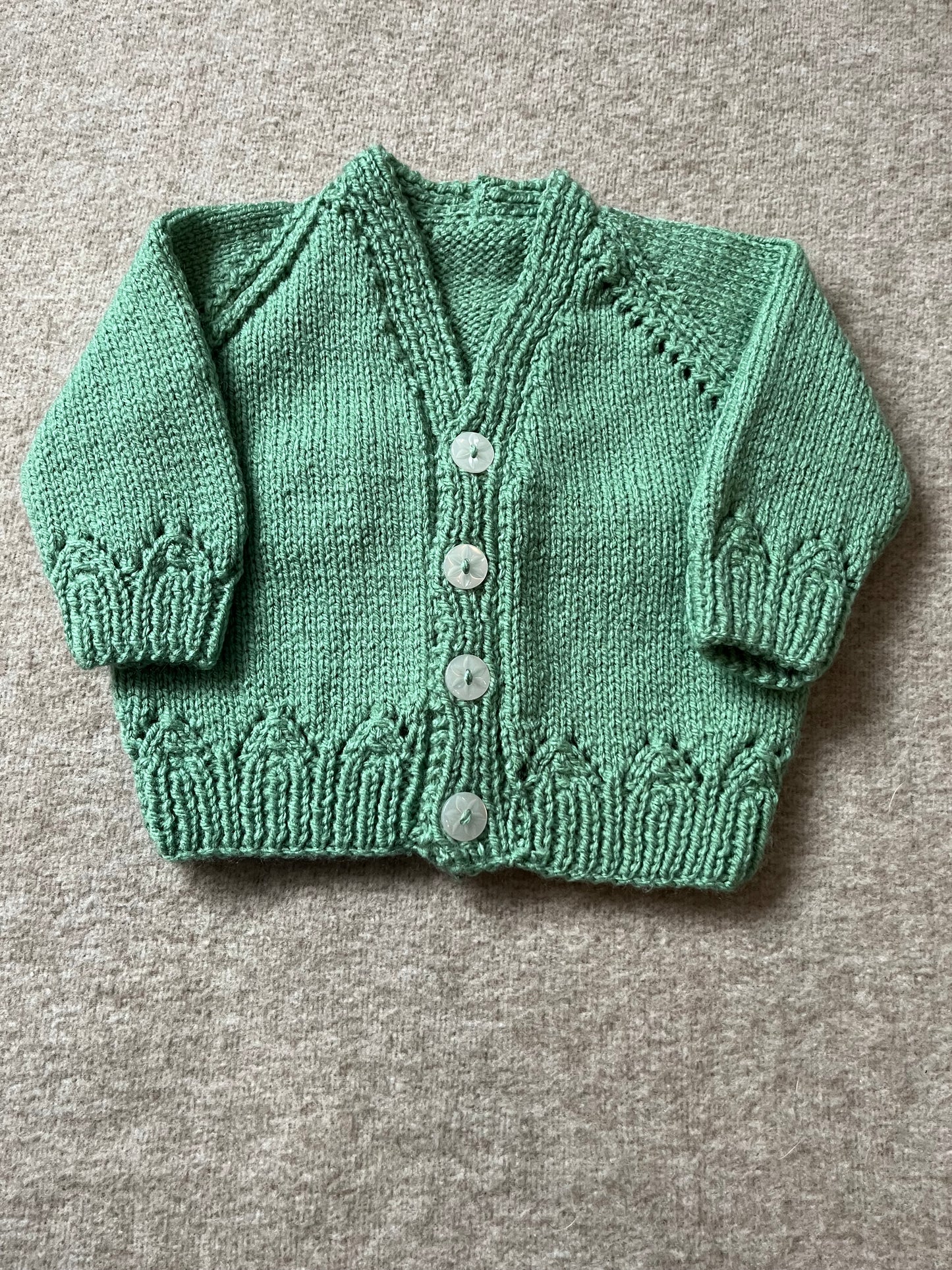 Size 6 Months, Farm Animal Green Cardigan, Hand Knitted Baby Cardigan