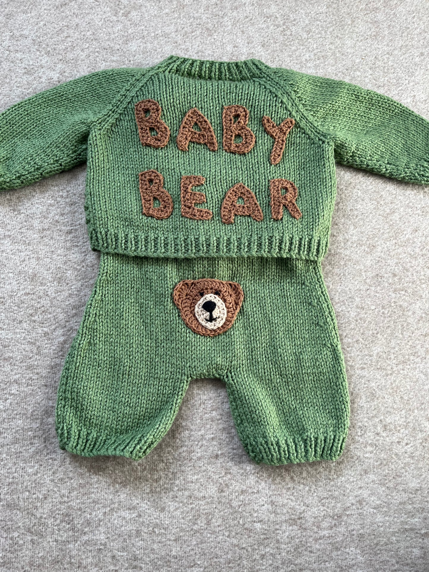 Size 0-3 Months, Baby Bear Romper & Cardi Set, Sage Green Hand Knitted Outfit