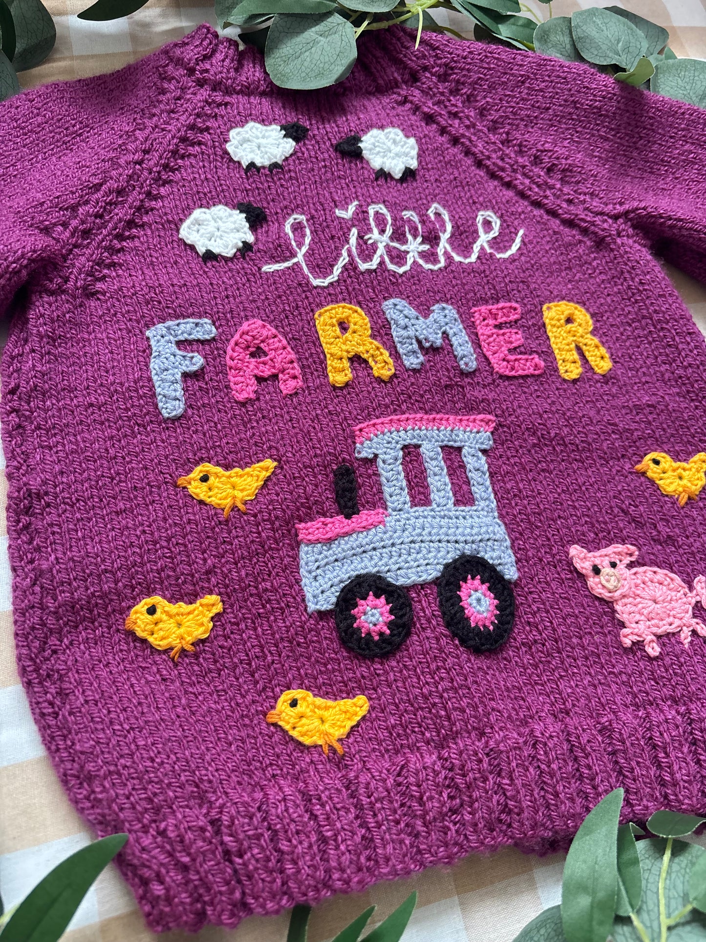 Size 4-5 years, Little Farmer, Purple Hand Knitted Cardi