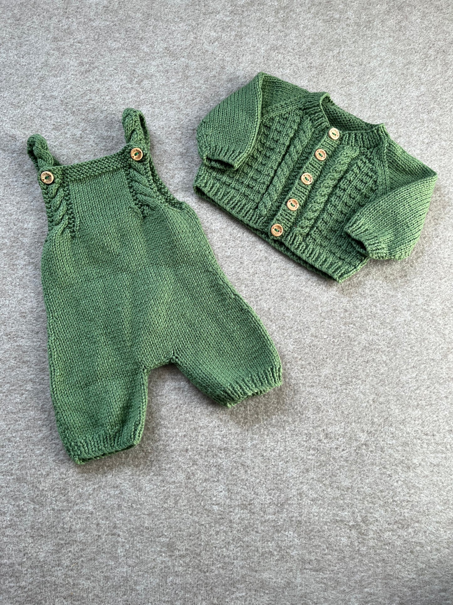 Size 0-3 Months, Baby Bear Romper & Cardi Set, Sage Green Hand Knitted Outfit