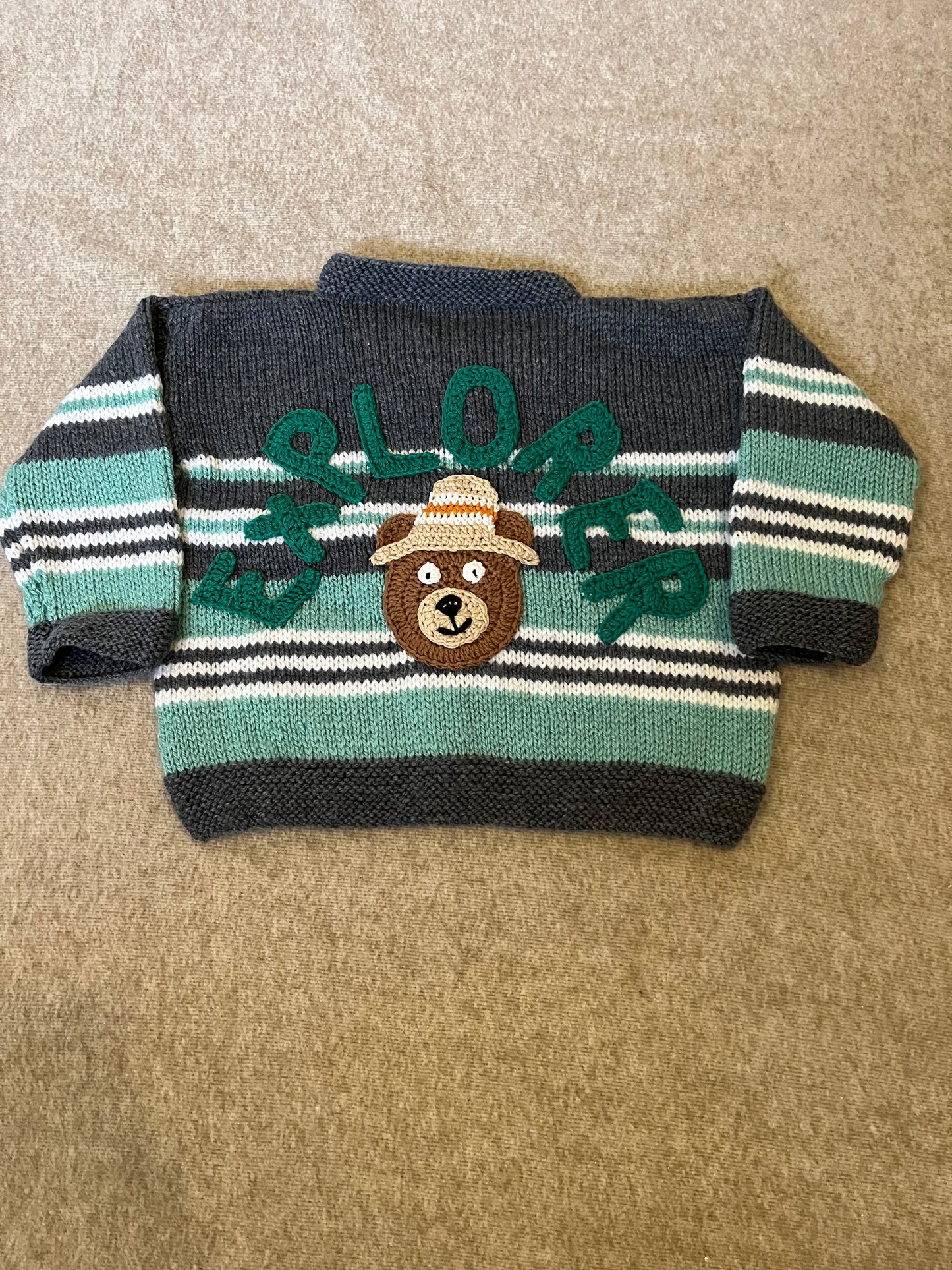 Size 2-3 Years, Explorer, Turquoise Stripe Cardigan, Hand knitted Kids Cardigan, Exploring Bear