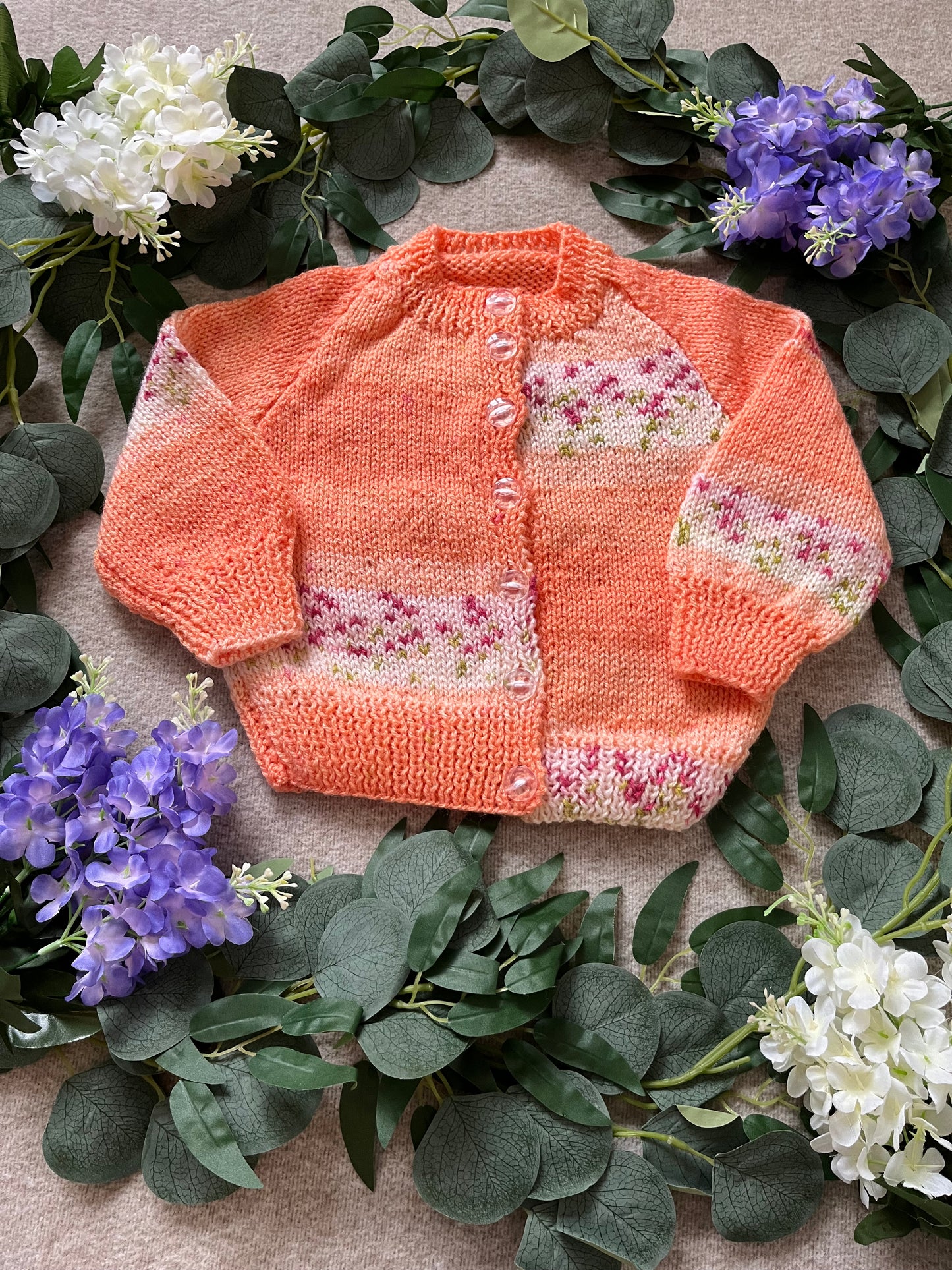 Size 12-18 Months, Sweet Pea, Coral Hand Knitted Cardigan