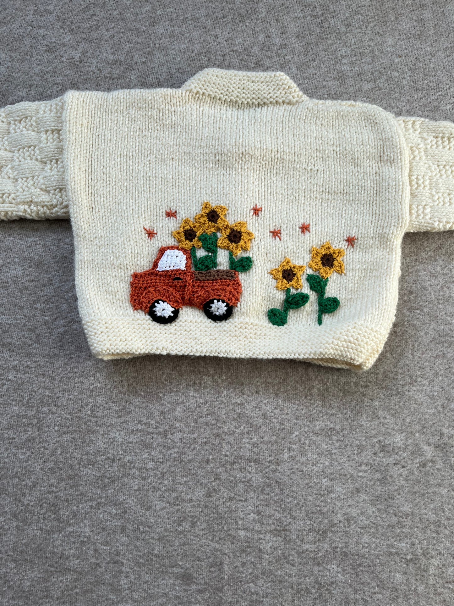 Size 6-12 Months, Sunflower Truck, Chunky Cream Hand Knitted Cardigan