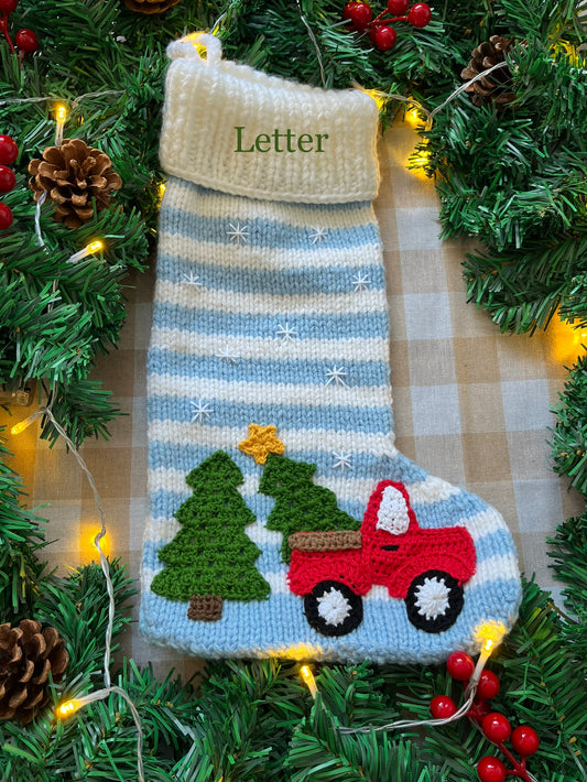 Christmas Stocking, Blue & White Stripe, Red Christmas Truck