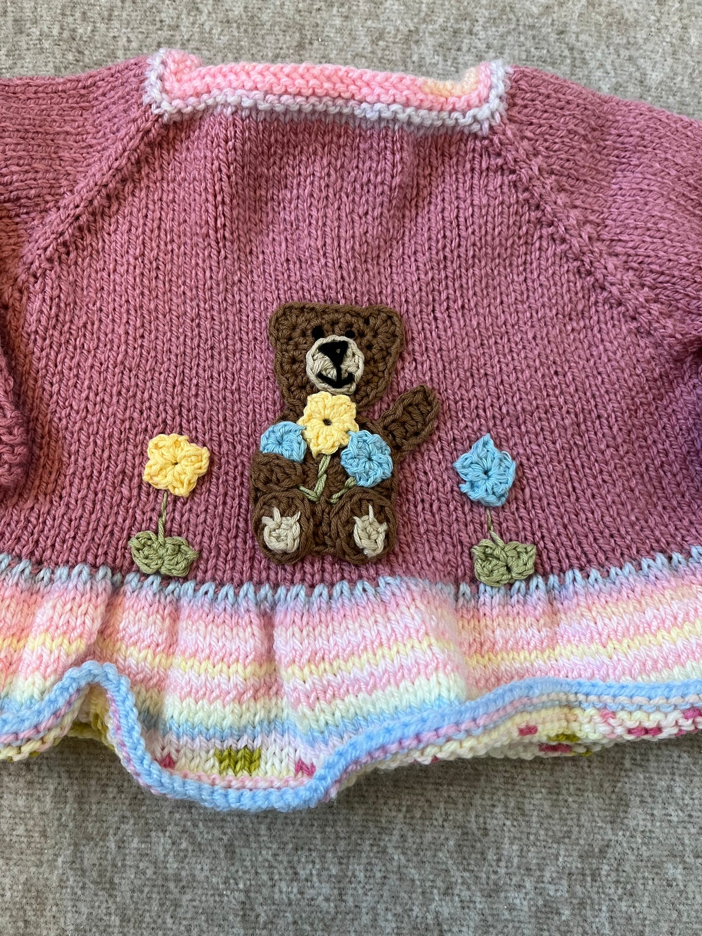 Size 0-3 Months, Hand Knitted Baby Bear with Flowers, Frill Cardigan