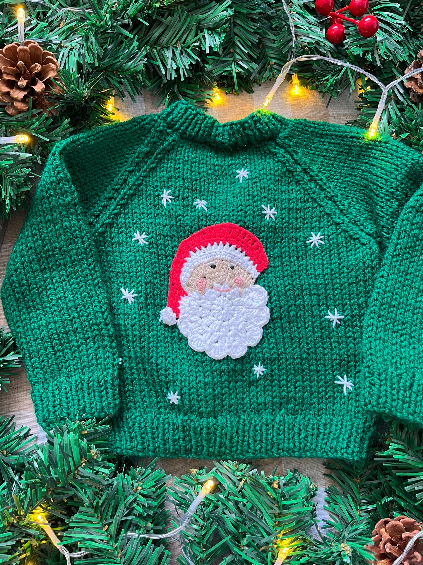Size 3-6 Months, Green Hand Knitted Cardi, Santa design