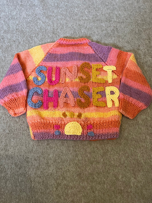 Size 1-2 Years, Sunset Chaser, Ombre Hand Knitted Cardigan, Sunset Tones