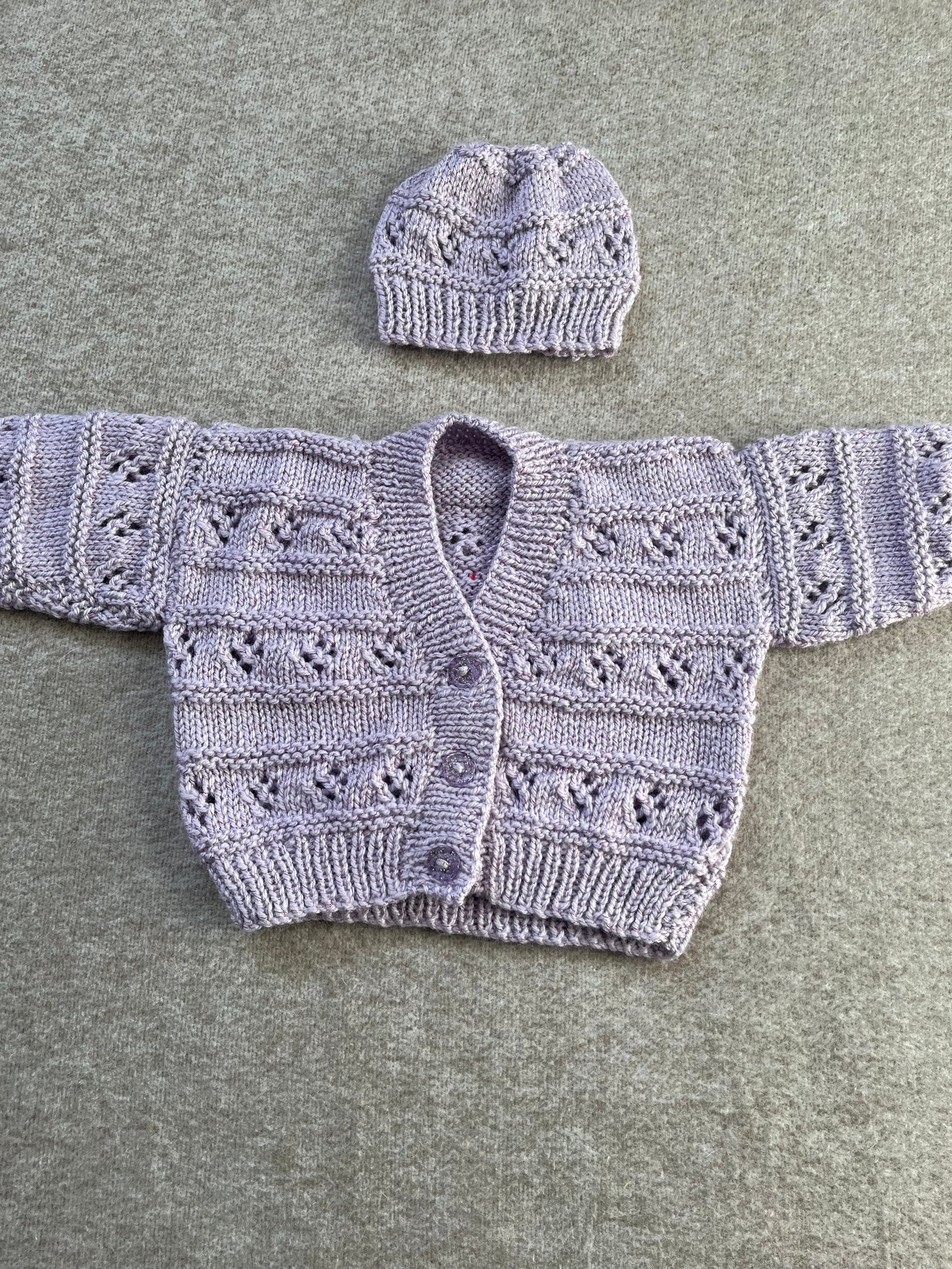 Size 0-3 Months, Glitter Lilac Cardigan & Hat Set, Woodland Cardigan, Hand knitted Baby Gift