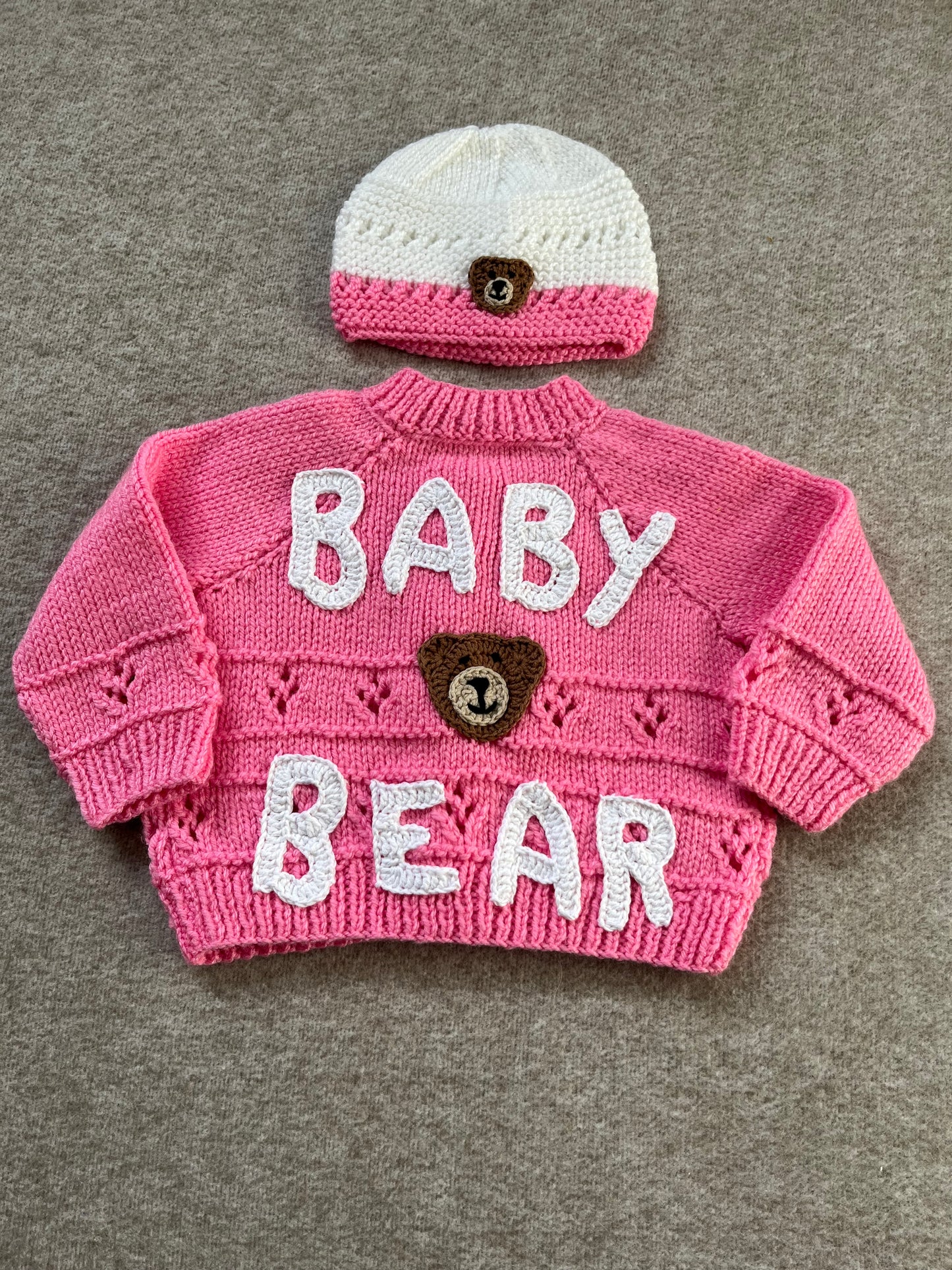 Size 6-12 Months, Baby Bear Cardigan & Hat Set, Hand Knitted Pink & White