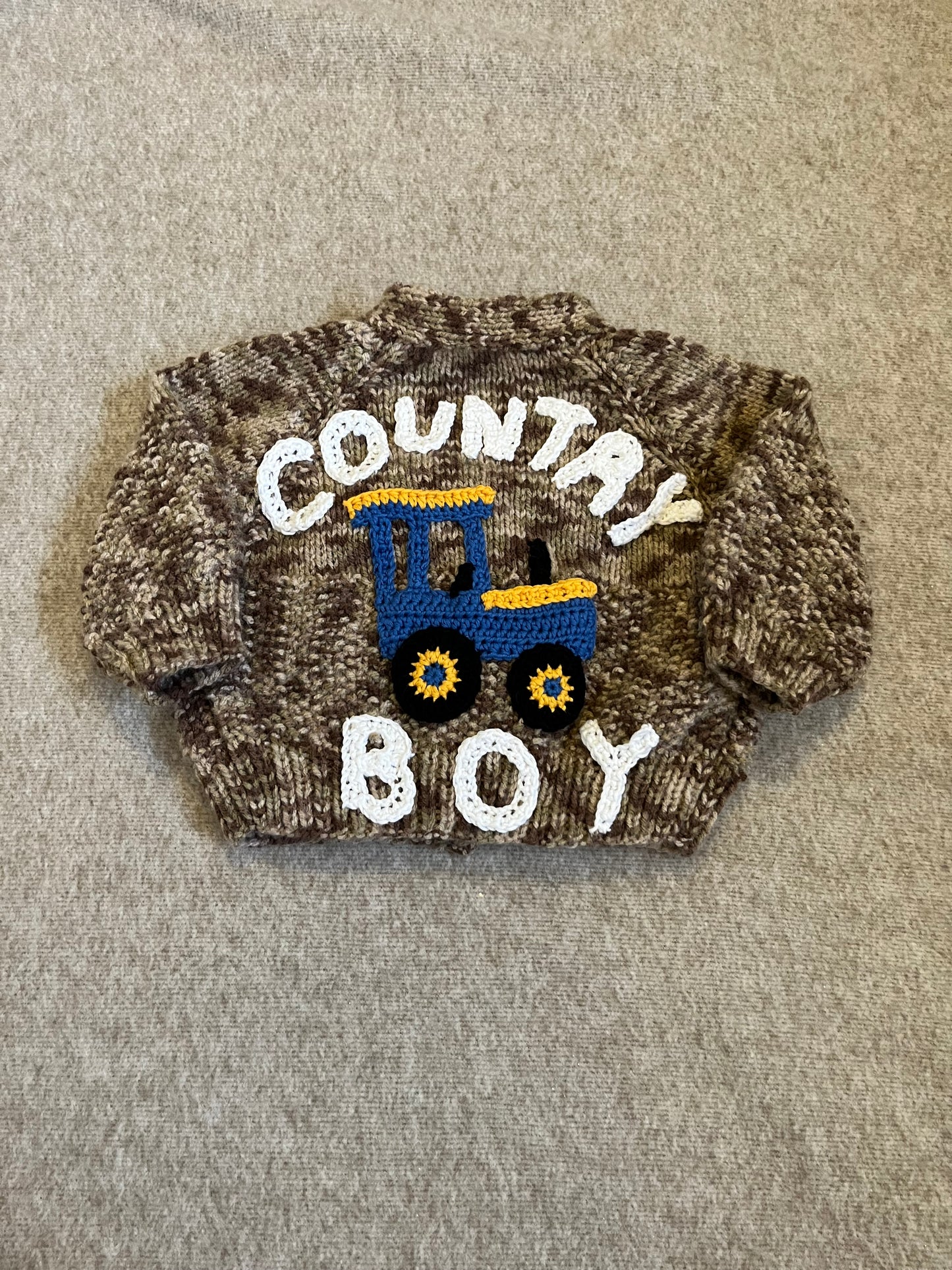 Size 0-6 Months, Country Boy, Hand Knitted Speckled Brown Cardigan with Tractor