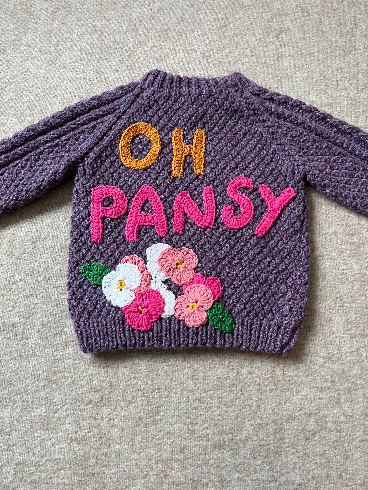 Size 1-2 Years, Oh Pansy, Hand Knitted Purple Jumper, Baby Sweater