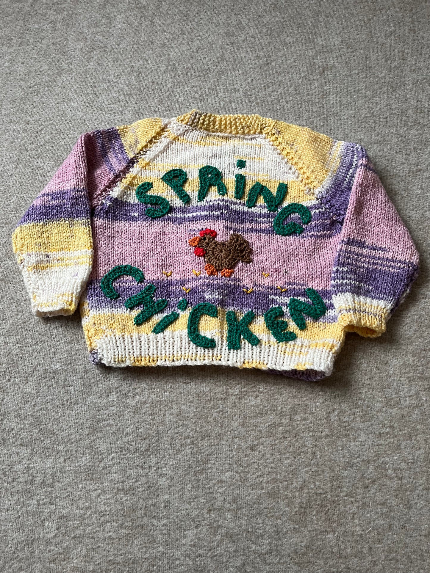 Size 1-2 years, Spring Chicken, Hand Knitted Baby Cardigan