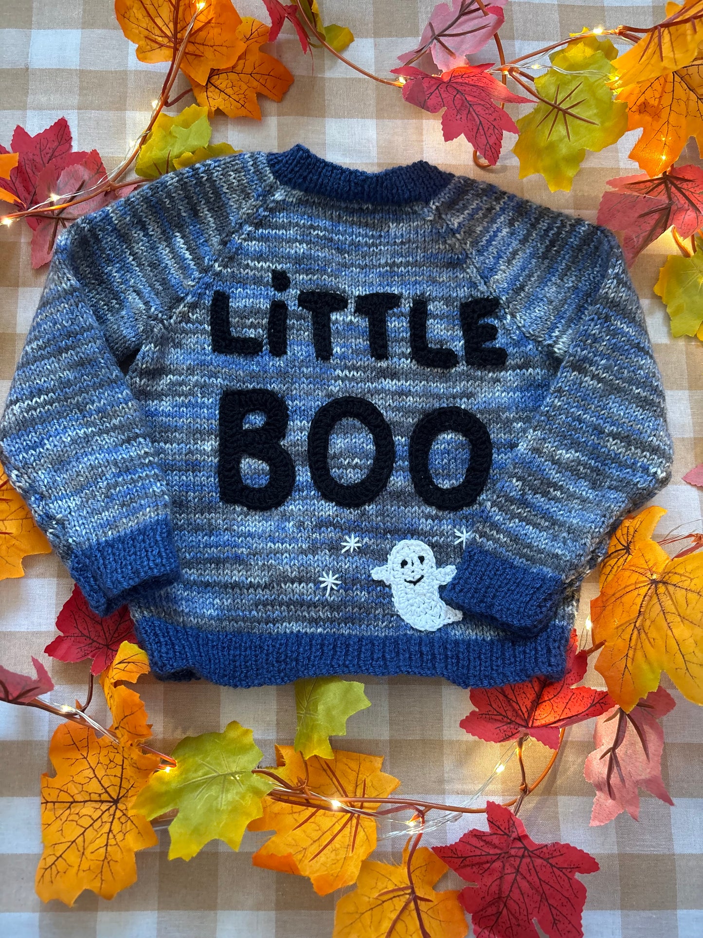 Size 1-2 Years, Little Boo, Blue /Black Hand Knitted Cardi