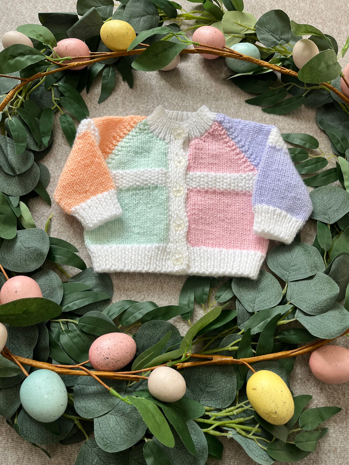 Size Newborn/ First size, Personalise Me, Single Letter or Initials, Handknitted Pastel New Baby Cardigan, Tiny Bunny Design