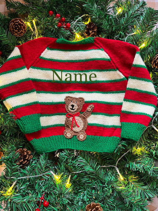 Personalise Me, Size 2-3 Years, Christmas Teddy Bear, Stripe Name Cardi