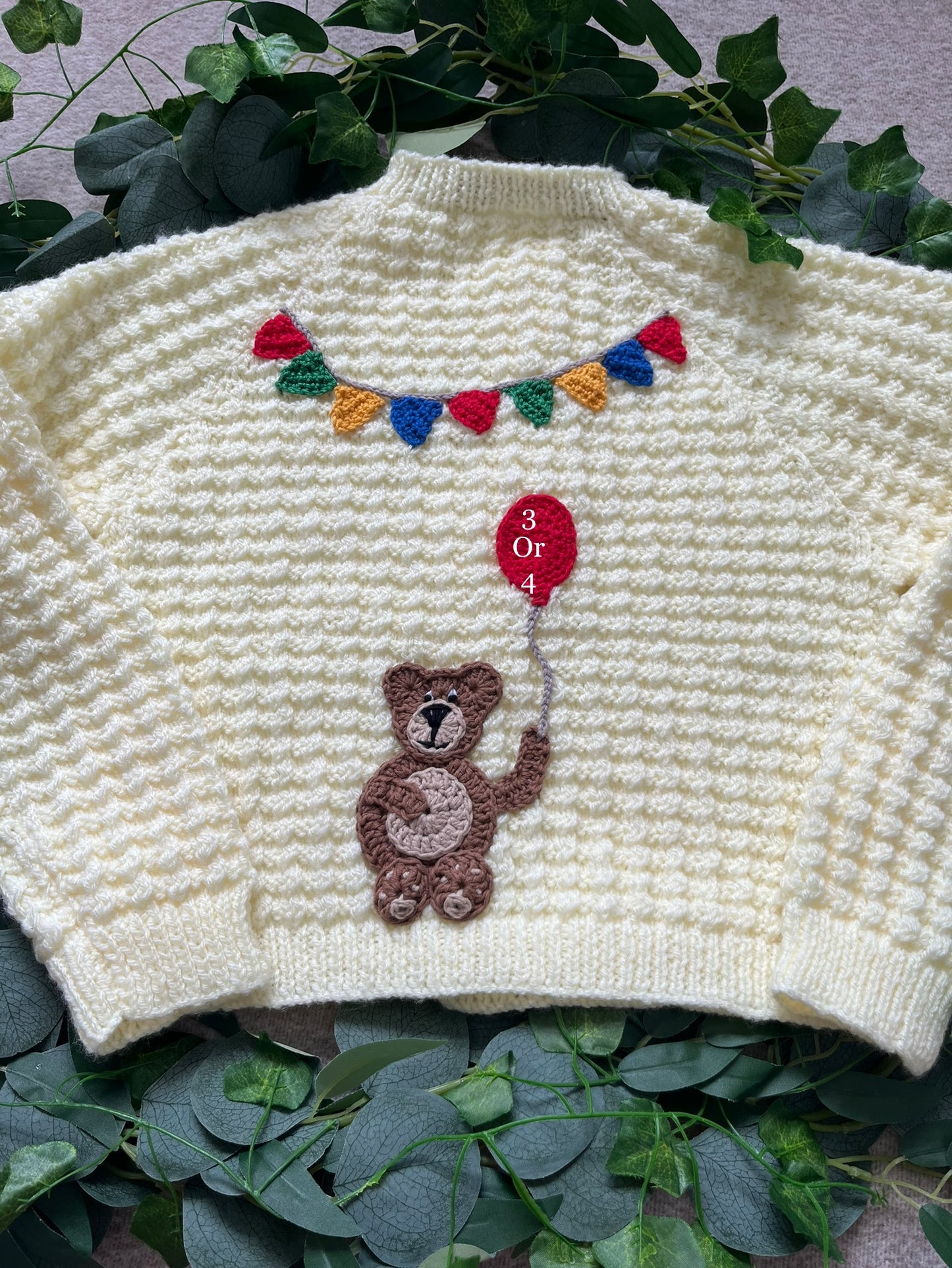 Personalise Me, Add 3 or 4 to ballon (or none), Birthday Bear Cardigan, Butter Yellow Hand Knitted Cardi