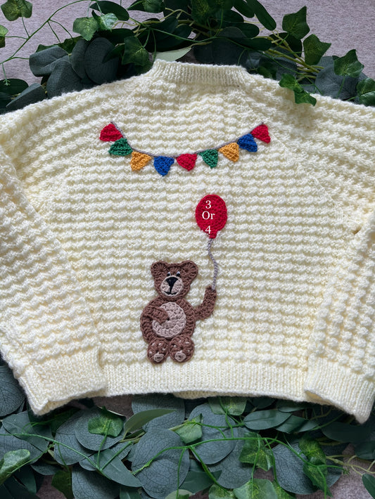 Personalise Me, Add 3 or 4 to ballon (or none), Birthday Bear Cardigan, Butter Yellow Hand Knitted Cardi