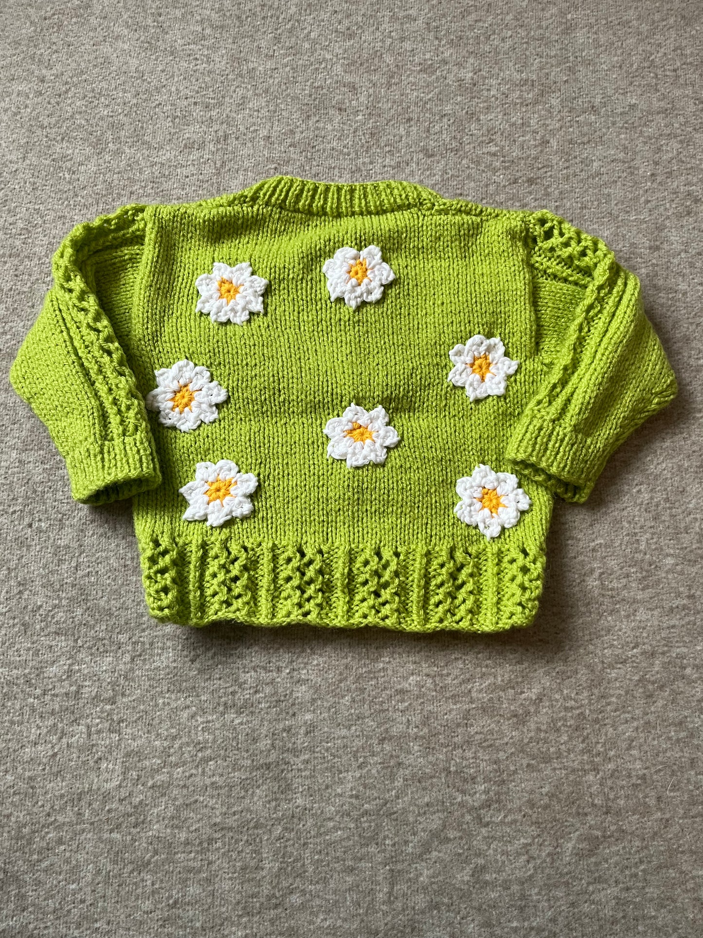 Size 6-12 Months, Green Floral Baby Cardigan, Hand Knitted Baby Girl