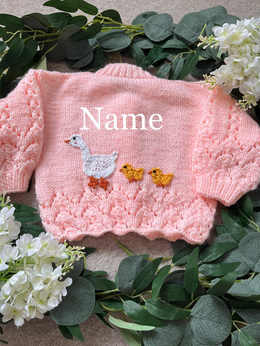 Personalise Me, Size 6-9 Months, Name Cardigan, Pink Hand knitted Duck Cardi