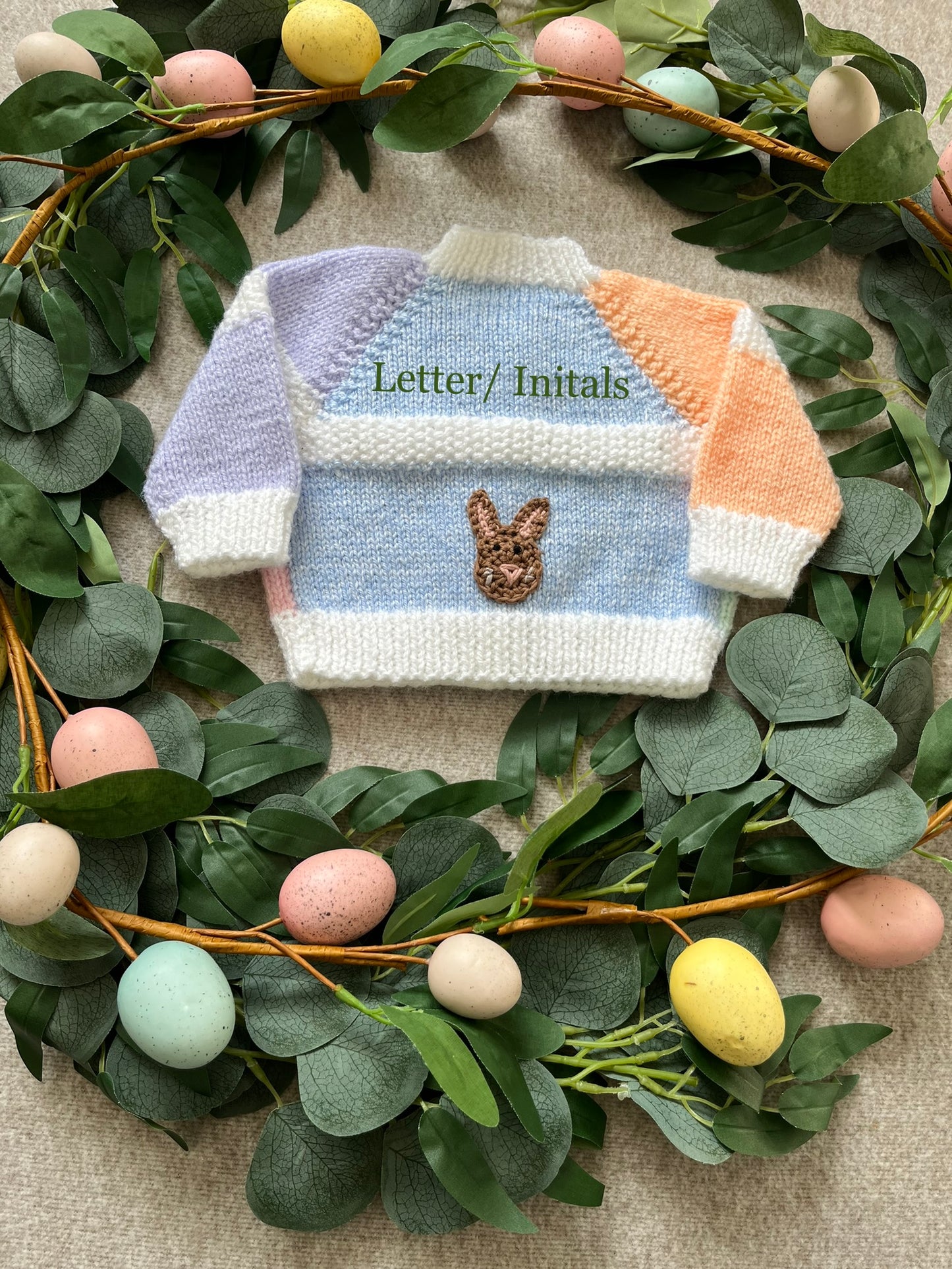 Size Newborn/ First size, Personalise Me, Single Letter or Initials, Handknitted Pastel New Baby Cardigan, Tiny Bunny Design