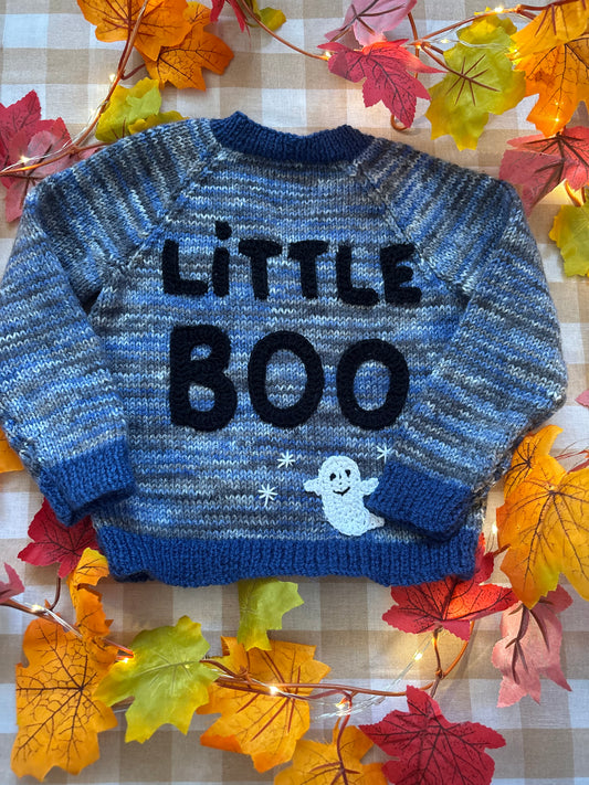Size 1-2 Years, Little Boo, Blue /Black Hand Knitted Cardi