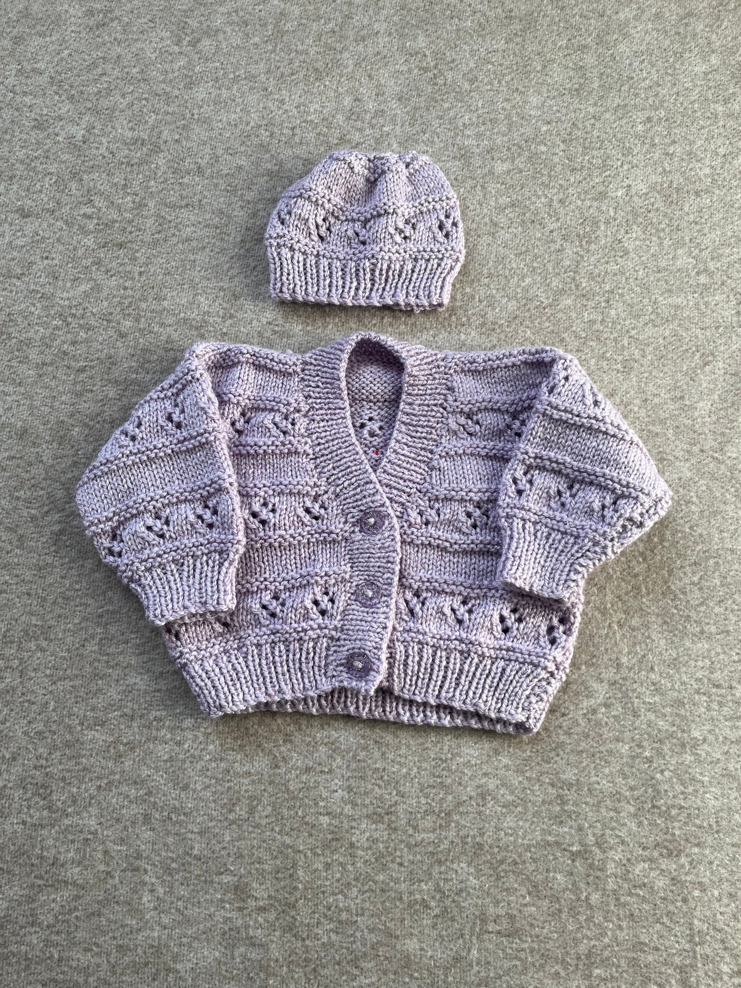 Size 0-3 Months, Glitter Lilac Cardigan & Hat Set, Woodland Cardigan, Hand knitted Baby Gift